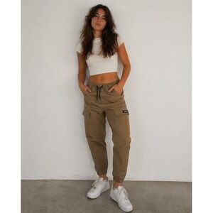 Zara Cargo Pants Women XL Tan Brown Elastic Waist Drawstring Utility Streetwear